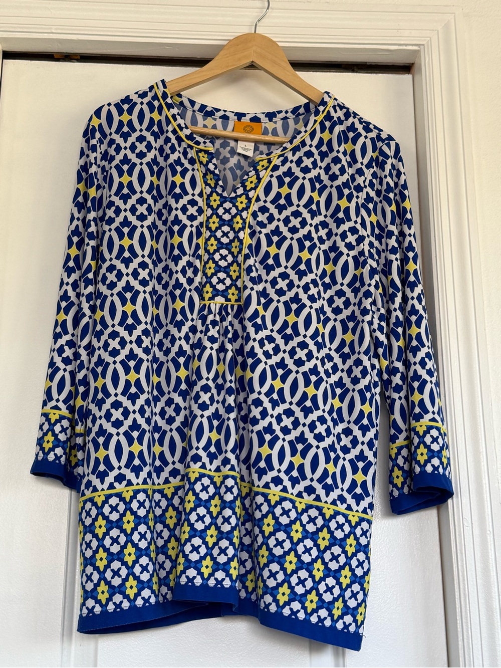 Ruby Rd. Blue and Yellow Geometric Tunic Blouse